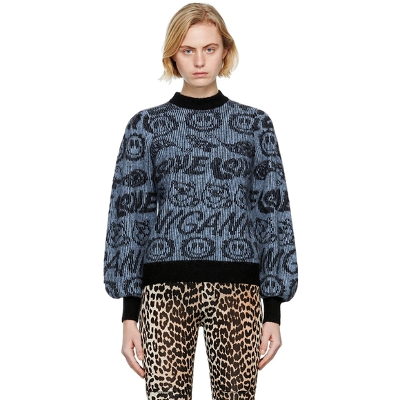 Ganni Smiley Logo Intarsia Wool Knit Puff Sleeve Jumper Sweater - Picture 4 of 12